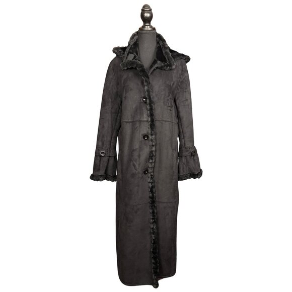 Vintage Black Faux Shearling Coat, Bell Sleeve, Boho Grunge Long Peacoat - Picture 3 of 14